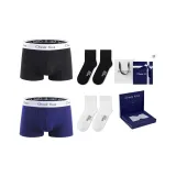 Длинноволокнистый хлопок [Черный + Королевский синий] + [100% хлопок, носки до щиколотки × 2 упаковки] Подарочный набор в коробке