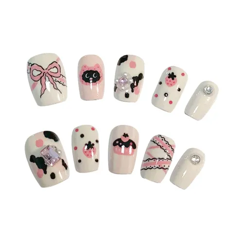 T Z Luxe Handmade Nail Polish Клубничный Дофаминовая одежда Бант False Nail Короткий Мультяшный 16mm
