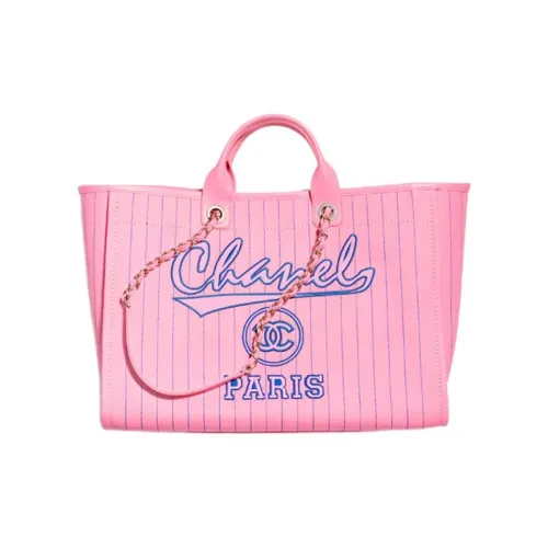 CHANEL Хлопок Телячья кожа Тоут Сумка Сумка для покупок Сумка Экстра-большая Женская Розовая и Синяя