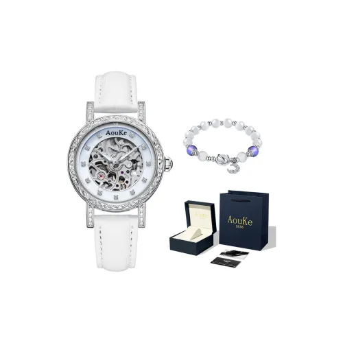 AOUKE Механические часы с натуральной кожей ремень женские часы белый циферблат