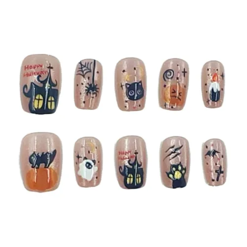 MAXFINE Haunted House Черный Котенок False Nail Короткий Квадрат Милый Стиль Instagram Кошачий глаз 14mm