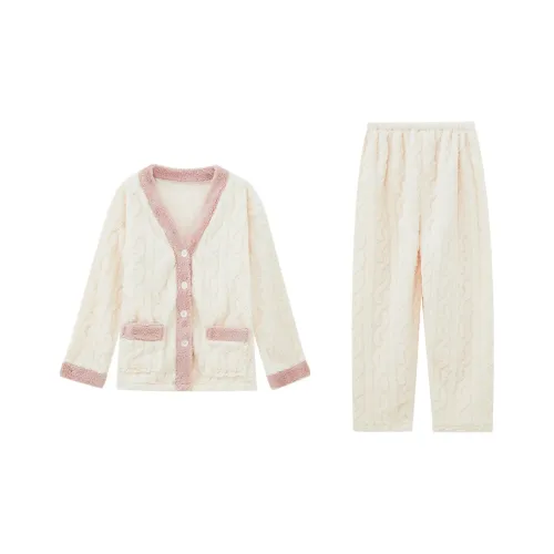 Сон Студенты Квартира Домашний Верхняя одежда Готовая Комплект пижам Женские Розовый Белый