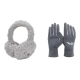 Серые перчатки + серые меховые наушники с капюшоном