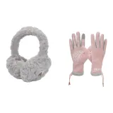 Розовая перчатка + серые меховые наушники с капюшоном
