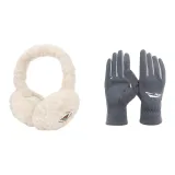 Серые перчатки + Бежевые меховые наушники с капюшоном