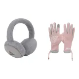 Розовая перчатка + серые меховые наушники с капюшоном