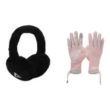 Розовая перчатка + черные меховые наушники с капюшоном