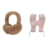 Розовая перчатка + коричневые меховые наушники с капюшоном