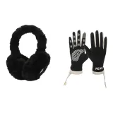 Черная перчатка + черные меховые наушники с капюшоном