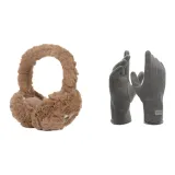 Серые перчатки + коричневые меховые наушники с капюшоном