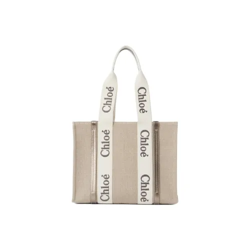 Chloe Woody Linen Canvas Leather Tote Bag Shopping Bag Regular Women's Bright Gray