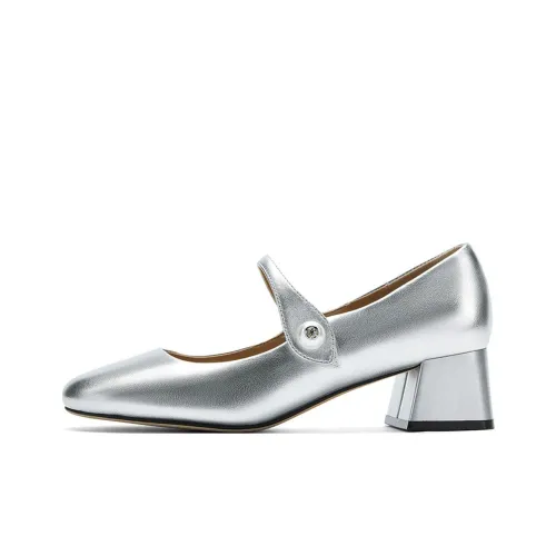 NINE WEST Туфли Мэри Джейн с грубым каблуком женские серебряные