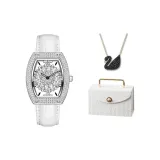 MF0496 L - Серебряный корпус, белый кожаный ремешок [Черный лебедь, ожерелье, жемчужный, подарочная коробка, набор]