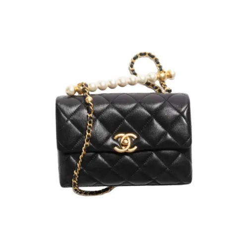 CHANEL Artificial Pearl Shiny Lambskin Flap Bag Portable Crossbody Bag Shoulder Bag Mini Women's Black