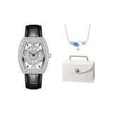 MF0496 L - Серебряный корпус, черный ремешок [Цветочный дизайн, неизменяемый, ожерелье, жемчужный, подарочная коробка, набор]