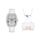 MF0496 L - Серебряный корпус, белый кожаный ремешок [Цветочный дизайн, устойчивый к выцветанию, ожерелье, коробочка с бантиком, набор]