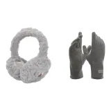 Серые перчатки + серые меховые наушники с капюшоном