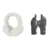 Серые перчатки + белые меховые капюшоны наушники