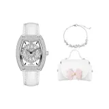 MF0496 L--Серебряный корпус с белым ремешком [Браслет с глицинией, коробка с бантом, комплект]