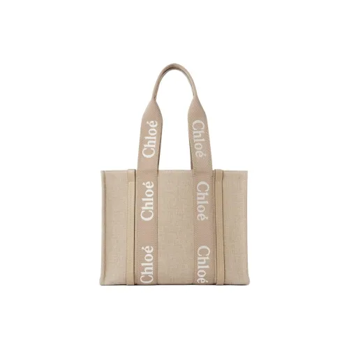 Chloe Woody Linen Canvas Calfskin Tote Bag Shopping Bag Shoulder Bag Handbag Regular Women's Brown