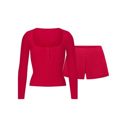 SKIMS FW24 Fake Day Collection Waffle Long Sleeve Henley And Короткий Набор Pajama Набор Женские Клюква Клюква
