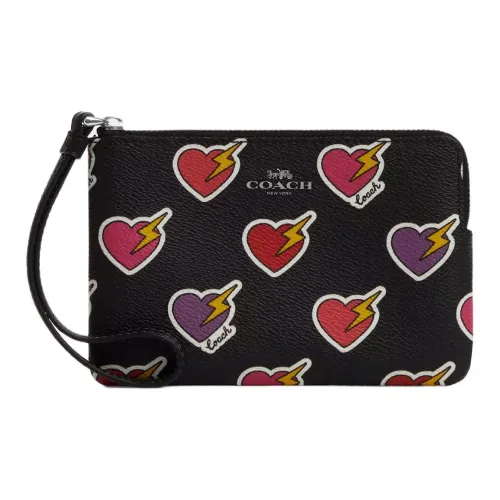 COACH Corner Zip Покрытый холст Запястье Сумка Клатч Маленький Женский Черный