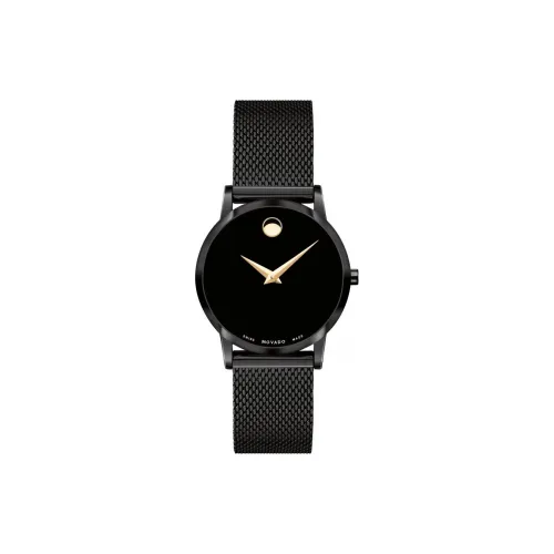 MOVADO Museum Series Кварцевый механизм Женские часы 28 мм Черный циферблат PVD покрытие Корпус часов Нержавеющая сталь Ремешок