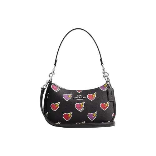 COACH Teri Покрытый холст Сумка на плечо Портативная Сумка через плечо Средняя Женская Черная