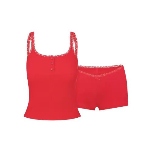 SKIMS Праздничная коллекция FW24 хлопок ребристая ткань кружево топ-танк и короткий комплект пижамный комплект женский клюква клюква