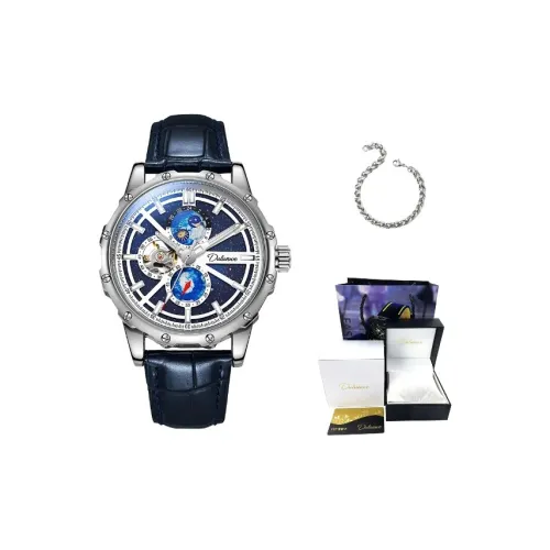 Dulunwe Star Moon Series Автоматический Механический Механизм Коровья Кожа Ремешок Часы Мужские Часы Синий Циферблат