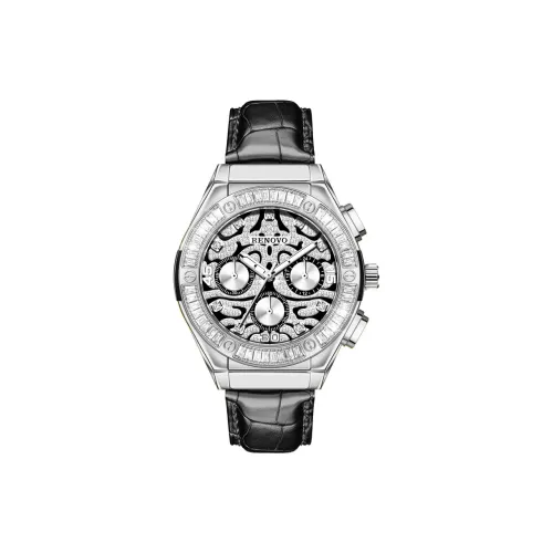 RENOVO Golden Collection Кварцевый механизм Естественная кожа Ремешок Часы Мужские Белый циферблат