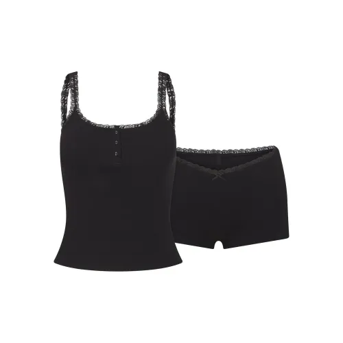 SKIMS Праздничная коллекция FW24 Хлопок Рيب Кружево Танк и Короткий комплект Пижамный комплект Женские SOOT Дымчатый Серый