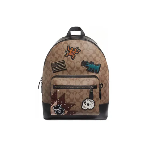 COACH X Keith Haring West Особенность Покрытый холст с утонченной телячьей кожей Рюкзак Мужской Коричневый Черный Антиквар Никель