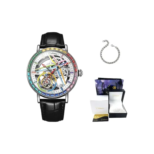 Dulunwe Автоматический Механический Механизм Естественная Кожа Ремешок Часы Мужские Черный Циферблат