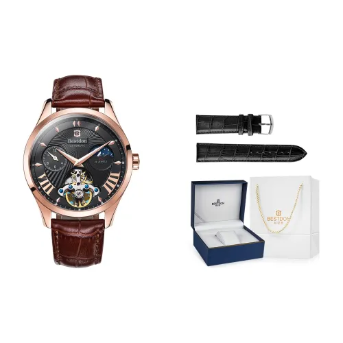 Bestdon Автоматический Механический Механизм Натуральная Кожа Ремешок Мужские Часы Черный Циферблат