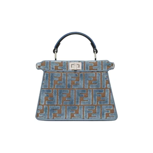 FENDI Peekaboo ISeeU FF Жаккард Шелк Сумка через плечо Сумка Маленькая Женская Светло-Синяя