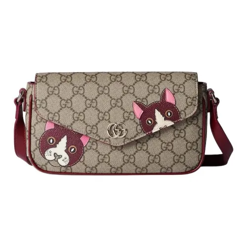 GUCCI Покрытая ткань Сумка через плечо Мини Женская Темно-красный и Коричневый