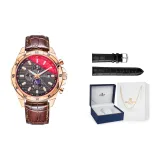 Розовое золото корпус, черный циферблат, коричневый ремешок.