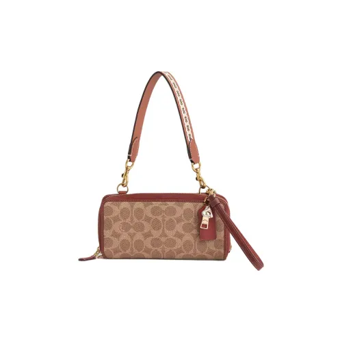 COACH Покрытый холст с утонченной телячьей кожей кошелек сумка через плечо маленький женский латунь коричневый ржаво-красный