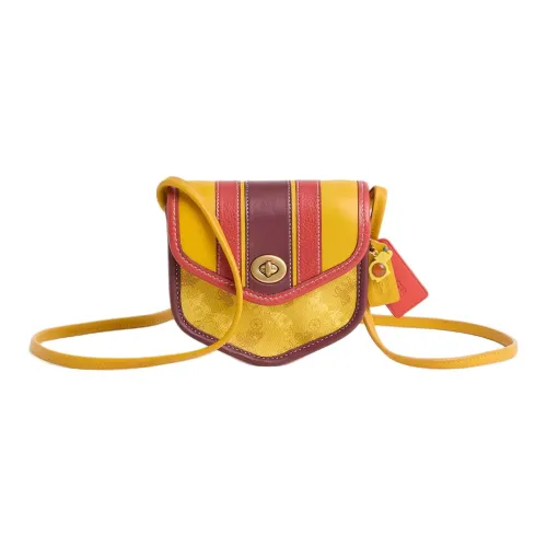 COACH Turnlock Покрытый холст с телячьей кожей Сумка через плечо Мини Унисекс Латунь и Охра Многоцветный