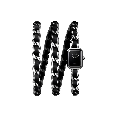 CHANEL Часы Première Iconic Chain Сталь И Черная Кожа, Черный Циферблат