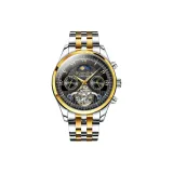 Золотой корпус, черный циферблат, двухцветный, золотой, стальной браслет.