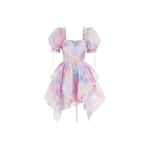 Selkie Коллекция SS24 Короткий рукав Платье Женское Tie Dye Радужный с принтом