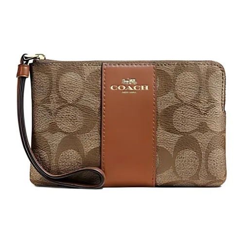 COACH Corner Zip Покрытый холст с переработанной кожей Клатч Мини Женские Хаки Седло Коричневый