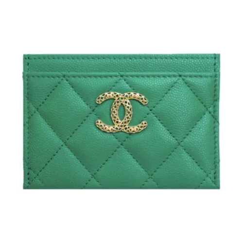 CHANEL Тисненый Блестящий Телячья кожа Держатель для карт Маленький Женский Зеленый