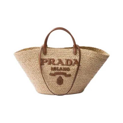PRADA Raffia Одно Плечо Сумка Большая Женская Бежевая Коньяк Коньячный