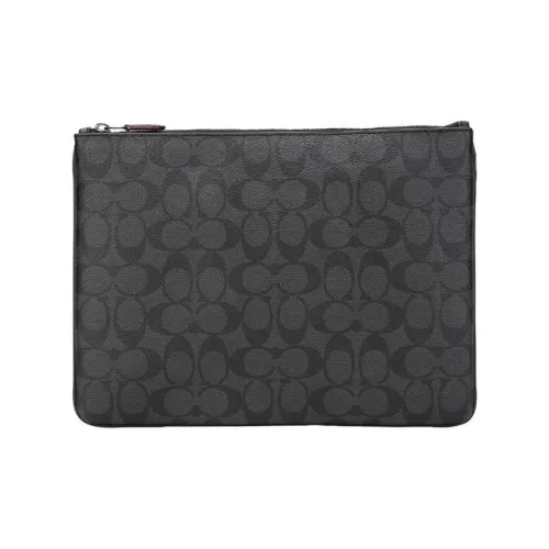 COACH Pouch Коровья кожа Сумка для документов Ноутбук Сумка Деловая сумка Конверт Сумка Клатч Большая Мужская Черная и Серая Монограмма