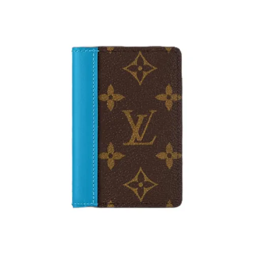 LOUIS VUITTON Pocket Organizer Monogram Macassar Покрытый холст Держатель для карт Мужской Синий и Коричневый