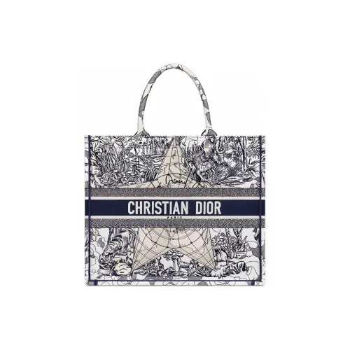 DIOR BookTote Вышивка Сумка-тоут Сумка для покупок Сумка через плечо Сумка Большая Женская Синяя