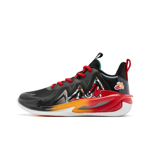 QIAODAN Огонь Лезвие Противоскользящие амортизаторы Низкий топ Детские баскетбольные кроссовки Черный Красный 34 42